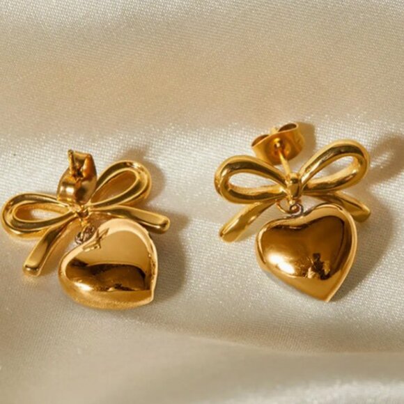 Gold Heart and Bow Studded Earrings - Picture 4 of 4